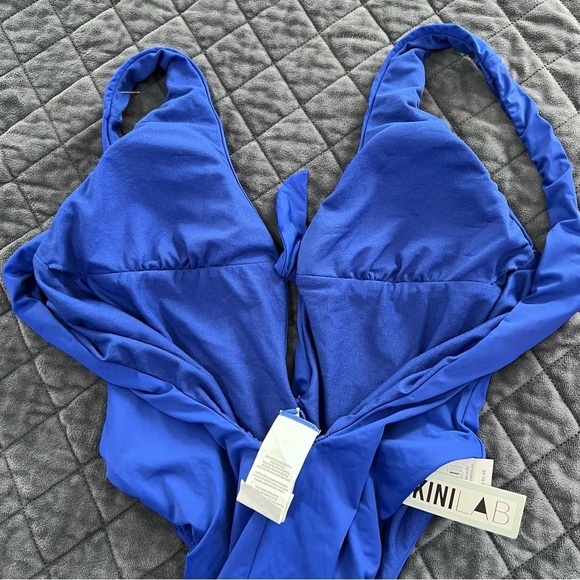 The Bikini Lab One Piece Swimsuit Women Large Blue Front Tie Plunging V Neck N - Picture 9 of 10